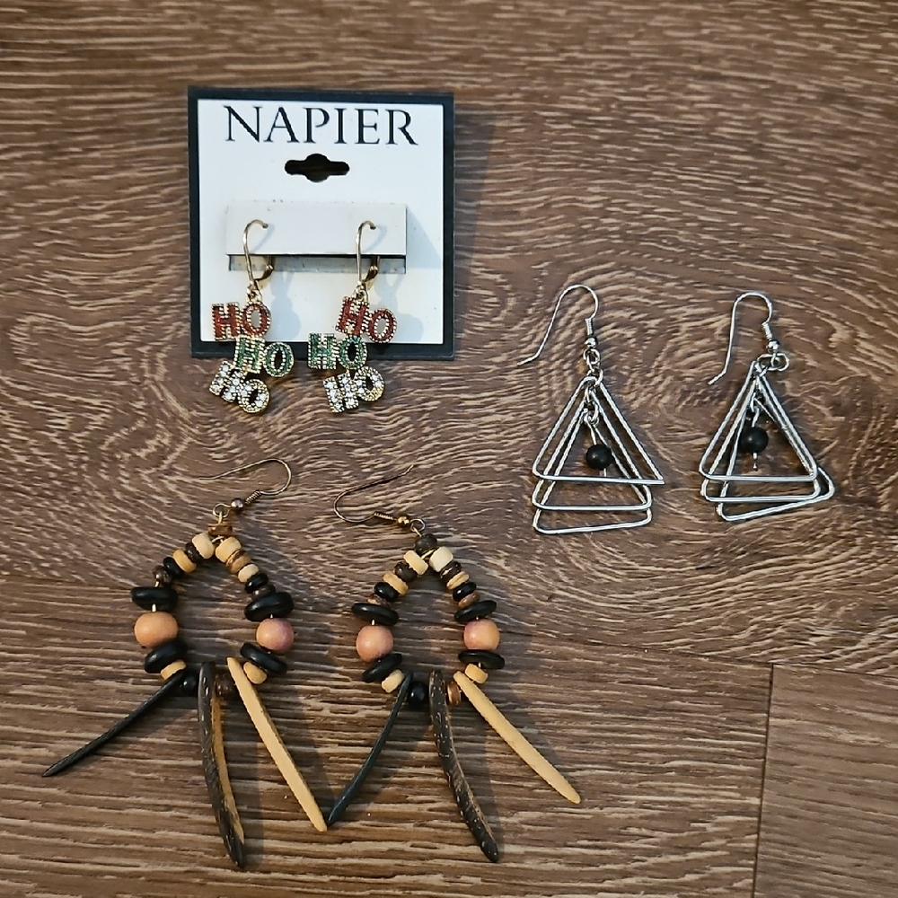 Napier Festive Earrings and 2 Sets of Geometric Earrings - Multicolor and Silver